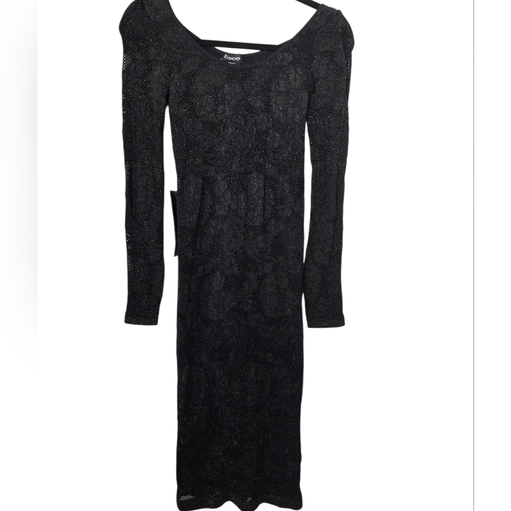 Bebe Black Metallic Lace Bodycon Midi Dress NWT Petite Small Long Sleeve